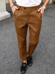 Manfinity Mode Pantalones de traje de unicolor versátiles para ir al trabajo, formales para hombres - Café integral - Ver 4