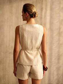 MOTF PREMIUM WOMEN'S VACATION COTTON LINEN WOODEN BUTTON PLACKET BELTED VEST JACKET - Apricot - View 4