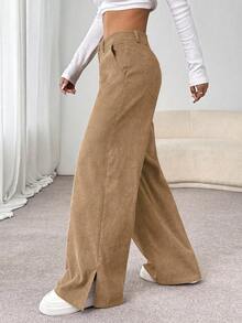 SHEIN Unity 秋冬季休闲时尚灯芯绒侧开衩宽松直筒长裤（女款） - 杏色 - 查看 5