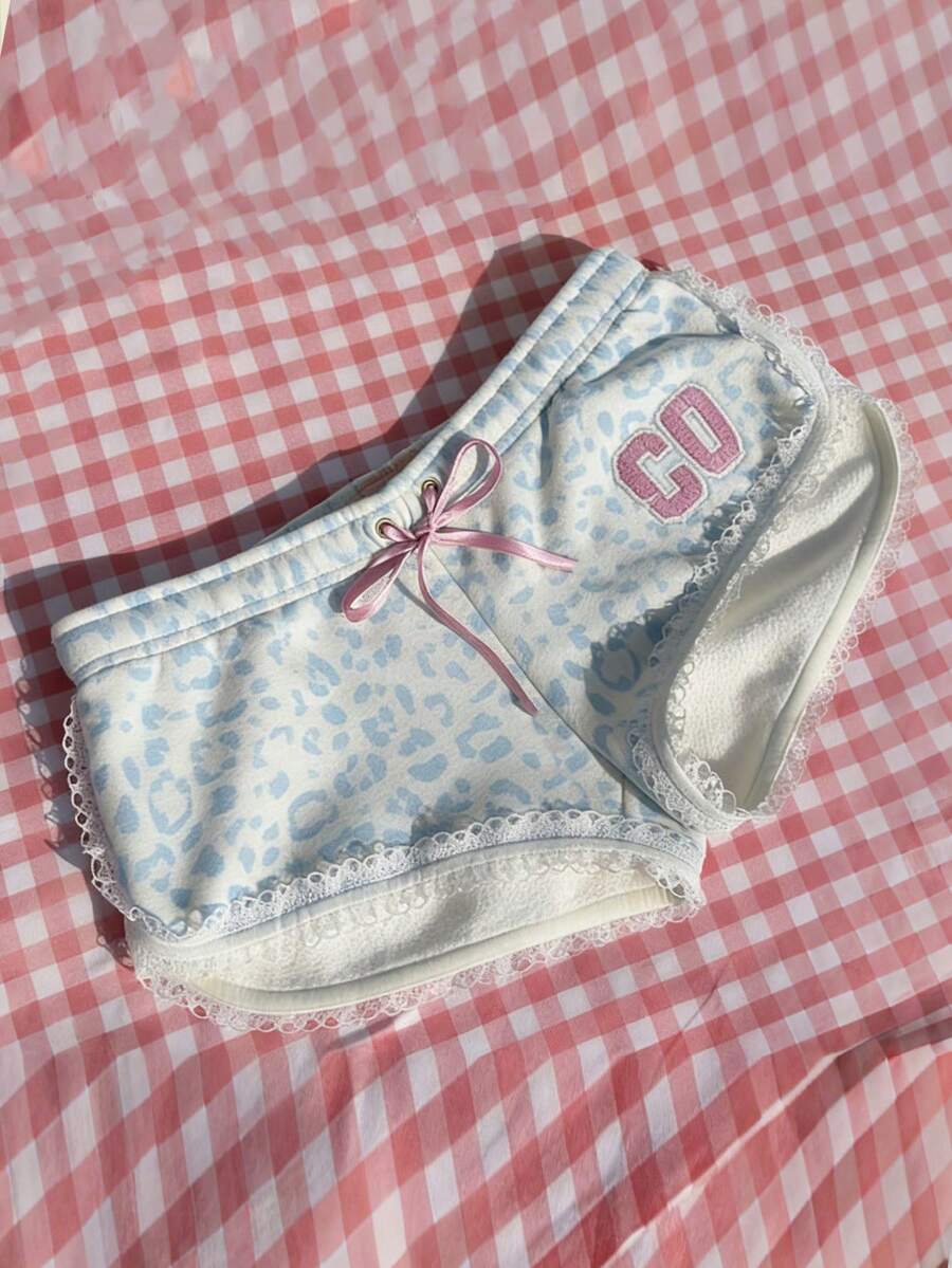 CovetEZ Women's Leopard Print Letter Graphic Casual Shorts - Blue and White - View 1