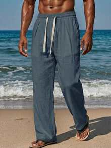 VIVINTIMO Men's Drawstring Waist Pockets Wide Leg Loose Casual Pants, Holiday - Navy Blue - View 3