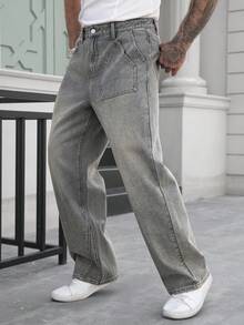 Manfinity Homme Quần jeans nam ống đứng màu xanh dương kiểu retro thường ngày - Rửa nhẹ - Xem 1