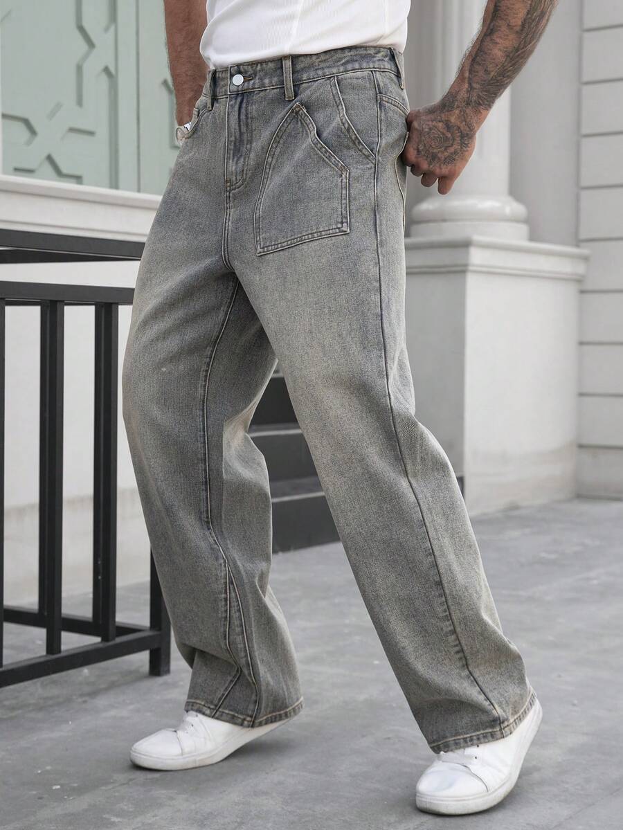 Manfinity Homme Quần jeans nam ống đứng màu xanh dương kiểu retro thường ngày - Rửa nhẹ - Xem 1