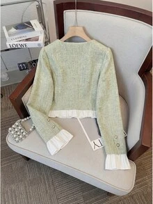 GlowEve Bộ 2 món áo khoác dài tay cài một hàng khuy, viền bèo nhún dành cho nữ và chân váy midi. - màu xanh lá - Xem 2