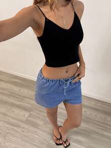 Sunnyshic Quần short denim nữ kiểu dáng thường ngày, có dây rút ở eo, thích hợp cho mùa hè. - Màu xanh lam - Xem 6