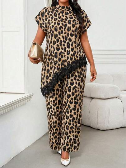 SHEIN Lady Plus-Size Women's Elegant Printed Stand-Up Collar Short-Sleeved Asymmetrical Leopard Print Animal Print Lace-Trimmed Hem Two Pieces Set With Wide-Leg Pants, Suitable For Spring, Summer, Autumn And Summer.