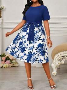 SHEIN Lady 春夏优雅通勤办公休闲波西米亚风针织圆领喇叭腰带中长短袖大码连衣裙，适合各种身材，夏季女装，夏季连衣裙，女士办公装，度假连衣裙，夏季女装 - 藍色 - 查看 3