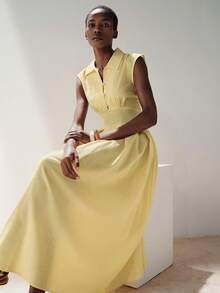 Aveloria Modichic New Waist-Cinching Niche Design Collared Sleeveless Slimming Long Yellow Midi Dress - Light Yellow - View 6