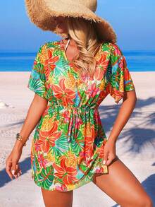 Swim Vcay 女士全印花V领沙滩罩衫短袖罩衫，春夏款 - 藍色 - 查看 4