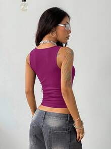 Coolane 女士春夏节日街头复古Y2K基础款翻领弹力背心 - 中紫紅色 - 查看 4