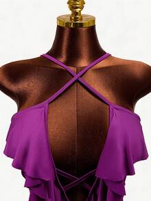 Mistrie 波浪下摆露背吊带连衣裙，性感百褶深紫色修身迷你连衣裙，交叉露背荷叶边修身连衣裙，性感夜店派对连衣裙，欧美风，弹力修身 - 紫色 - 查看 3