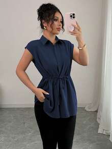Elenzga Women's Solid Color Casual Vacation Style Shirt Collar Button Down Waist Drawstring A-Line Dropped Shoulder Blouse Top - Navy Blue - View 4