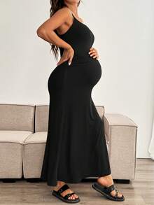 SHEIN Maternity Casual Solid Color Sleeveless Dress - Black - View 5