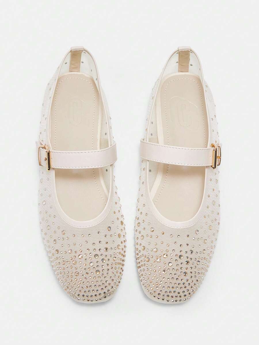 CUCCOO CURVES Women's Shoes Fashion Versatile Mesh Rhinestone Wide Last Flat Sole Shoes - Beige - View 1