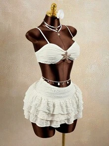 Zestiva Women's Textured Bandeau Bikini Set With Starfish Metal Decor, 3 PiecesSwimsuit For Beach Party And Holiday - Pink - View 5