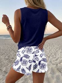 Sylviya Women's Casual Round Neck Tank Top And Shorts 2 Pieces Set, Suitable For Summer - Multicolor - View 2