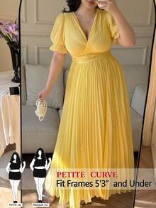 SHEIN PETITE CURVE French Elegant Princess Palace Pleated A-Line Dress, Vacation, Wedding, Bridesmaid, Party, Yellow Solid Color Short Puff Sleeve Plus Size Women Dress - Yellow - View 1