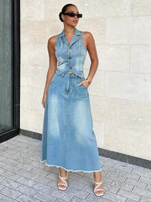 DAZY Women's Casual Washed Denim Vest And Mini Skirt Suit, Spring/Summer,Wedding Guest Dress Women - Blue - View 10