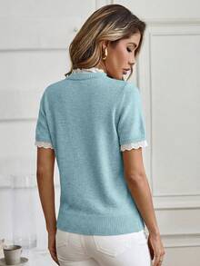 Louniche Elegant Apricot Crew Neck Lace Trim Knit Short Sleeve Sweater, Suitable For Commuting, Home, And Daily Wear, Spring/Summer - Blue - View 2