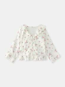 lacRébo Romantic White Blouse With Embroidered And Printed Pink Flowers, Ruffled, Cute Top Spring Summer French Style Parisian Style Flower Top Going Out Picnic Outfit Vacation Top Office Outfit - White - View 6