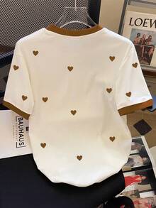 Resyla Plus Size Summer Casual Heart Print T-Shirt - Coffee Brown - View 2