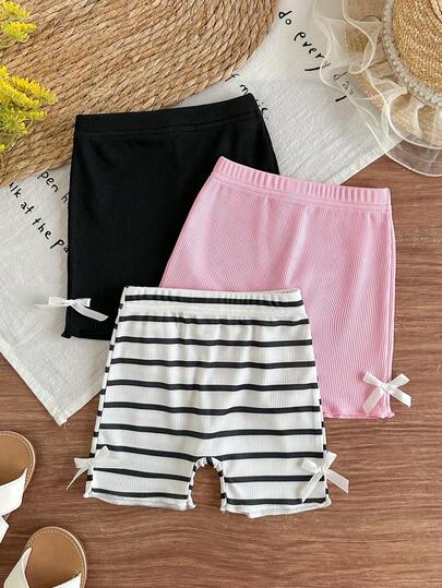 SHEIN Vintaside Kids 3pcs Baby Girl Infant Toddler 0-3Y Spring Summer New Casual Sporty Elastic Ribbed Knit Soft Muted Tones Pink Beige Grey 3 PiecesSet Fitted Shorts Outfit, Suitable For Both Home And Outdoor Wear