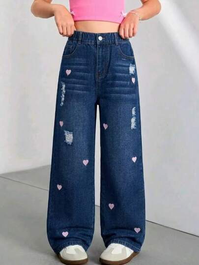 SHEIN Tween Girl Y2K Vintage Distressed Loose Fit Heart Embroidered Wide Leg Jeans, Casual For Daily Wear, School, Commute, Gathering, Back To School Season, Autumn/Winter 2025