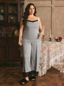 Côtesoire Plus Size French Style Knit Comfortable Lace Patchwork Draped Collar Ruffle Strap Jumpsuit Pajama Set - Grey - View 5