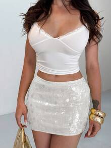 SHEIN BAE Váy ngắn sequin trơn màu mùa xuân hè dành cho nữ dự tiệc, váy ngắn sequin mùa hè, gợi cảm khi đi câu lạc bộ, hòa nhạc - trắng - Xem 5