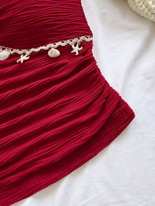 Soleia 女士度假露背吊带背心，饰有海星贝壳图案荷叶边V领和金属扣，白色针织纹理修身背心，性感修身时尚上衣，适合派对、约会、邮轮旅行、海滩度假、音乐节、波西米亚风度假等场合。 - 酒紅色 - 查看 3