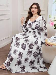 Modelyn 浪漫雪纺印花长袖A字型长连衣裙，大码，春夏款 - 彩色 - 查看 1
