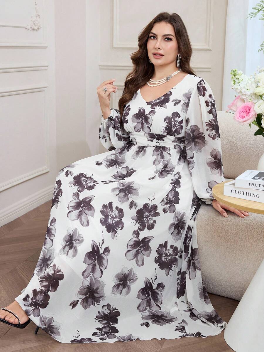 Modelyn 浪漫雪纺印花长袖A字型长连衣裙,大码,春夏款 - 彩色 - 查看 1