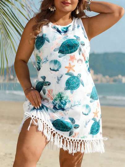 Swim Lushoire Vestido casual de vacaciones con diseño de flecos y estampado de animales marinos para mujer de talla grande