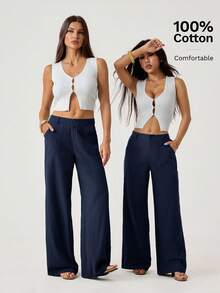 SHEIN Tall 100% 水洗棉低腰直筒裤 - 藏蓝色 - 查看 4