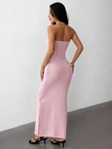 SHEIN PETITE 钩针编织夏季浪漫度假紧身手工钩针抹胸连衣裙，适合约会、度假，秋冬季休闲优雅日常穿着。 - 粉色 - 查看 2