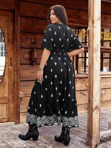 Ceyna Plus Size Black Woven Casual Vacation Elegant Drawstring Shoulder Sleeve Waist Dress, Spring/Summer Boho Plus Size Dresses Plus Size Women's Clothing Stores Online Plus Size Rodeo Outfits Plus Size Western Dresses For Women Plus Size Cowgirl Dress - Black - View 3