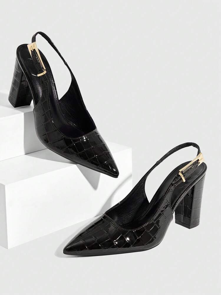 CUCCOO SZL Women Shoes Spring Summer Pointed Thick Heel Metal Buckle Sexy High Heels Patent Leather Crocodile Pattern Solid Color Women's High Heel Shoes Dating Daily Party Spring Shoes