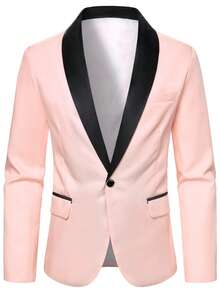 Manfinity Mode Men's Contrast Color Single-Breasted Long Sleeve Suit Blazer And Solid Color Suit Pants Set, Formal - Baby Pink - View 5