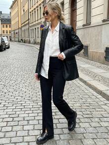 FRIFUL Women's Casual Solid Color Elastic Waist Slit Hem Pants - Black - View 8