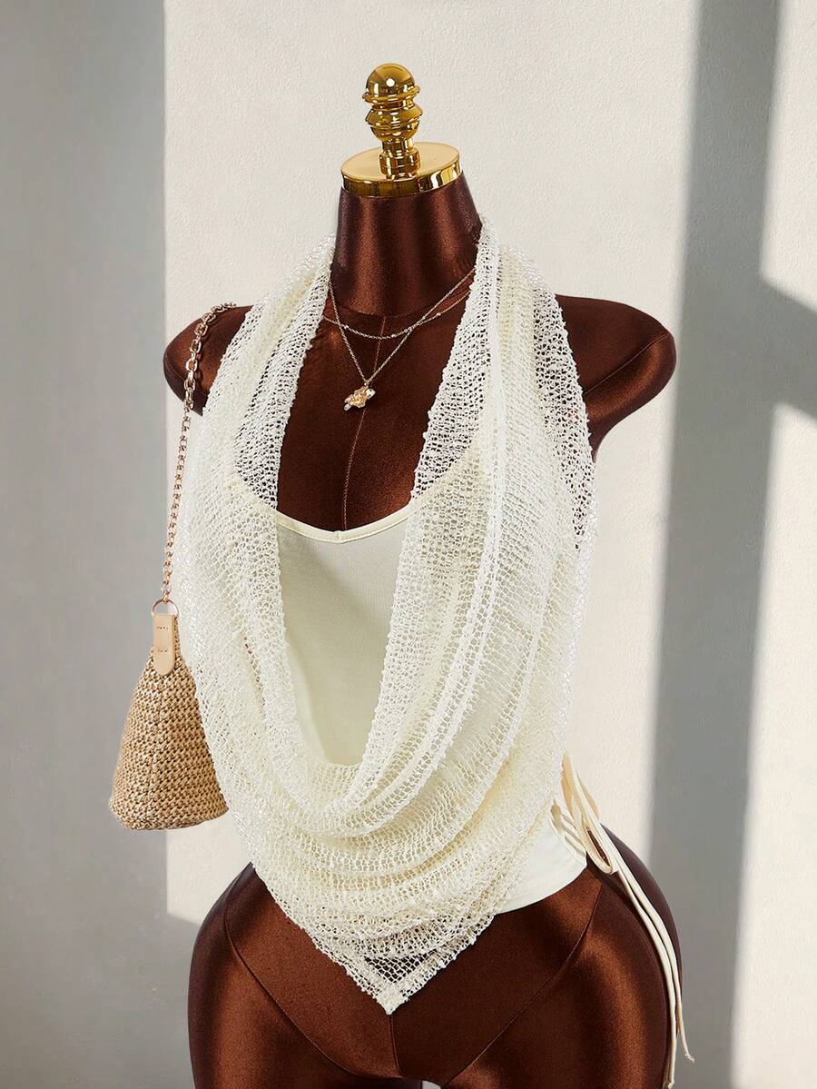 Amplova Áo kiểu nữ cổ chữ V khoét sâu, hai lớp, buộc dây cổ, kiểu dáng thường ngày. - Màu be - Xem 1