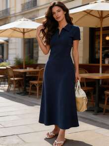 DAZY Women's Collared Fitted Waist Half-Zip Mid-Length Dress, Navy Blue Maxi Dress Sundress - Navy Blue - View 2