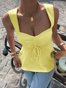 Muchica Áo tank top dệt kim màu vàng nhạt thời trang dành cho nữ, thích hợp cho mùa hè. - Màu vàng ngỗng - Xem 4