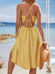 Breezaya Đầm mùa hè lãng mạn, giản dị, cổ chữ V sâu, hở lưng, buộc dây, dài đến đầu gối, không tay. - Màu Mù tạt vàng - Xem 2
