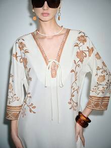 Lumivelle Đầm nữ tay lửng 3/4 thắt nơ phía trước, họa tiết hoa, kiểu dáng đi nghỉ mát. - Màu be - Xem 5