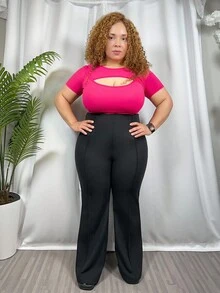 Hourglow Quần âu ống loe đơn giản hàng ngày cho nữ cỡ lớn - màu đen - Xem 3