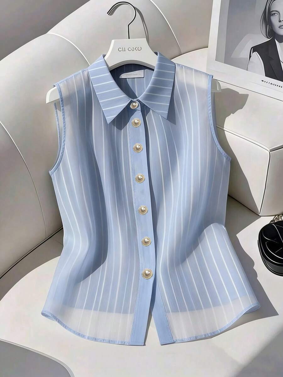 GlowEve Áo sơ mi nữ không tay kẻ sọc mùa hè kiểu dáng thường ngày - Nhiều màu - Xem 1