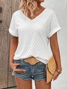 Selamara Camiseta básica casual de mujer con cuello en V y puños vueltos, con estampado de lunares en jacquard blanco - Blanco - Ver 4
