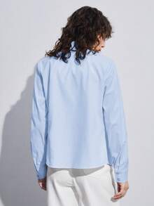 BizChic 女士休闲翻领长袖衬衫，基础都市通勤风格，简约优雅时尚商务休闲装，适合教师和办公室穿着，秋季款 - 藍色 - 查看 9