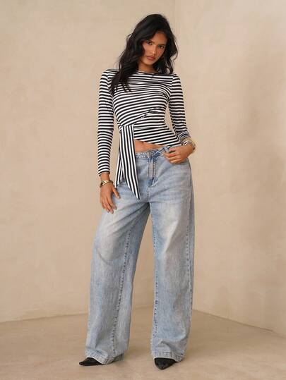 SHEIN Glamour Áo thun dài tay bất đối xứng thắt nút sọc đen trắng, áo thun đi xem hòa nhạc, áo thun lễ hội nhạc điện tử, áo thun công sở, áo thun đi chơi, áo thun dệt kim thường ngày, áo thun cơ bản, áo thun Valentine, áo thun sinh nhật.