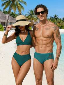 Horizaway 男士纯色镂空针织三角短裤，适合夏季海滩穿着，几何图案男士性感泳裤，蓝绿色泳裤 - 綠色 - 查看 2